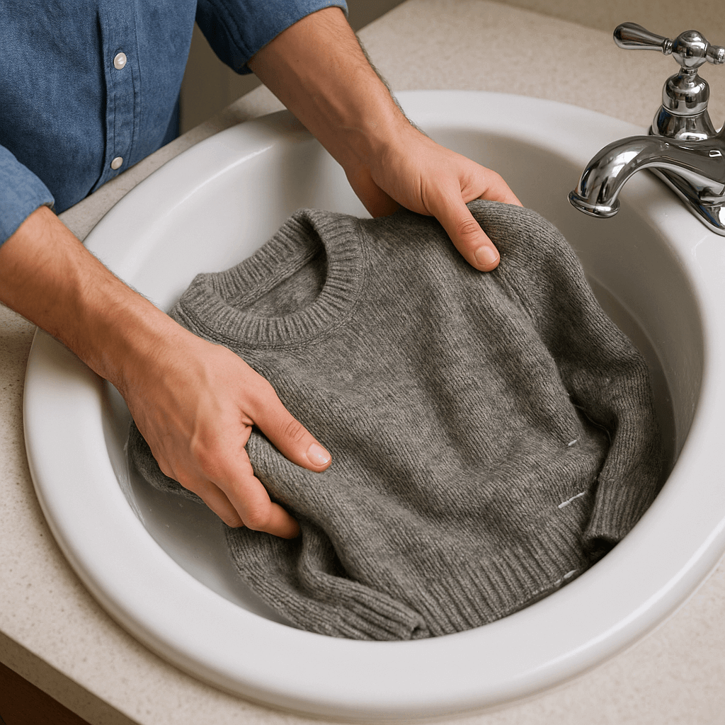 A person gently hand washing a wool sweater in a basin of cool water